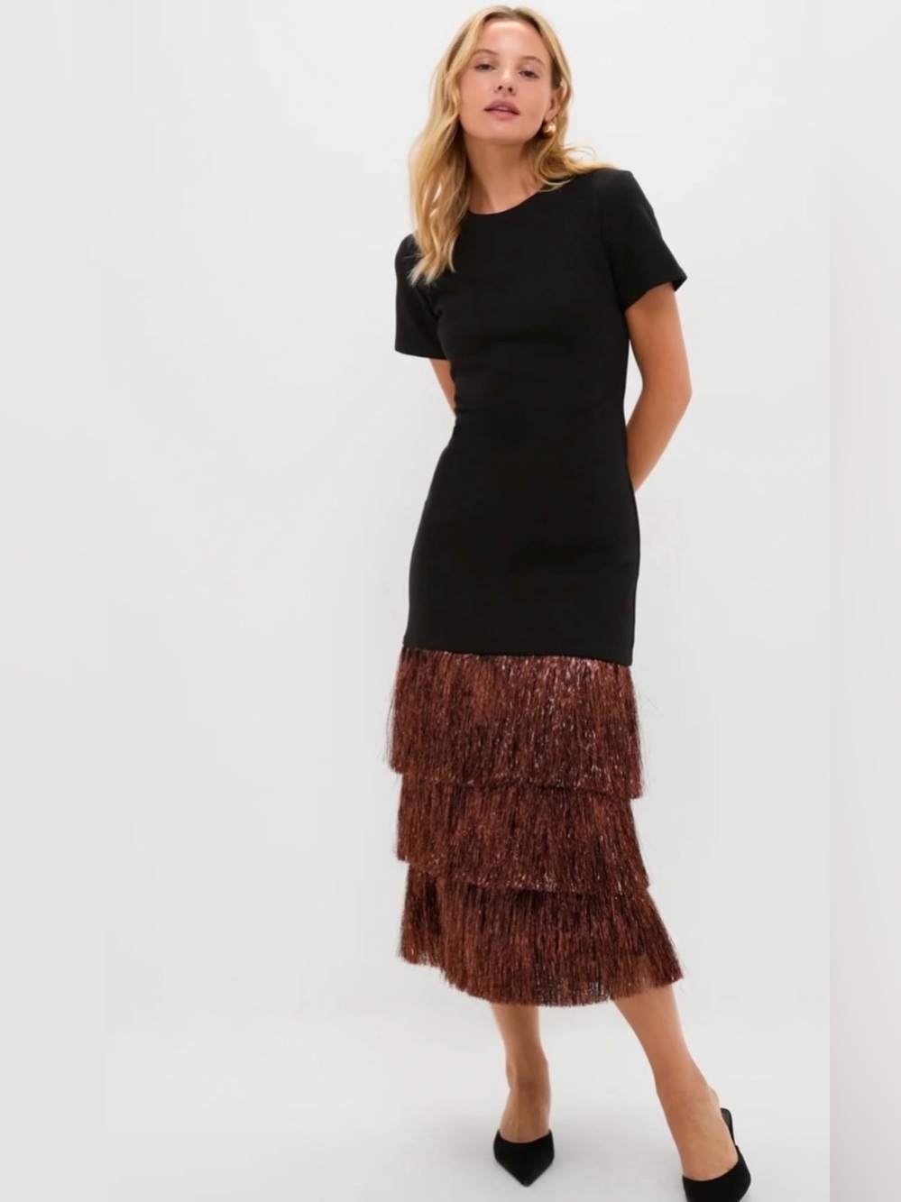 Tuckernuck Hyacinth House Black & Bronze Metallic Fringe Francie Dress